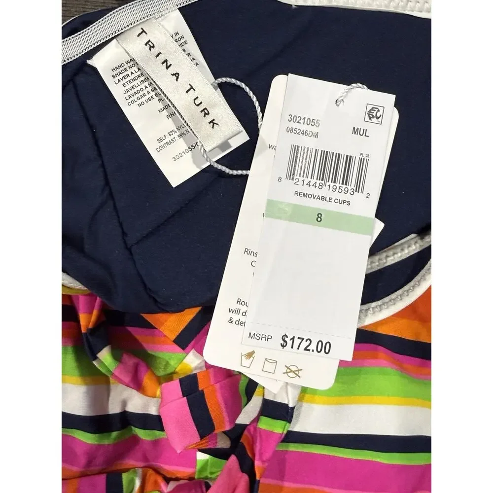 NWT Trina Turk Splash Striped One Piece Halter Plunge Swimsuit Bikini Sz 8